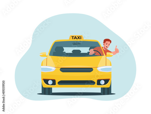 Taxi with a cheerful driver at the wheel. Taxi driver showing thumbs up gesture. Front view. Vector illustration.