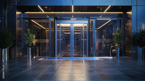 Obraz na płótnie futuristic corporate entrance with automatic sliding doors and a high-tech security system w salonie