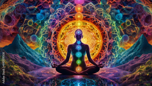A person meditating in a yoga pose, with seven glowing chakra points on their body. Surrounded by vibrant energy patterns the background represents the vast universe, energy, and tranquility.