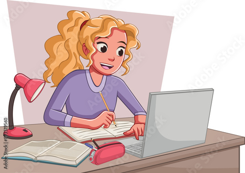 Cartoon teenager student at desk with books and laptop. Student girl writing ...