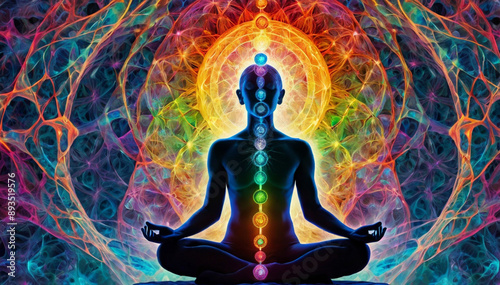 A person meditating in a yoga pose, with seven glowing chakra points on their body. Surrounded by vibrant energy patterns the background represents the vast universe, energy, and tranquility.