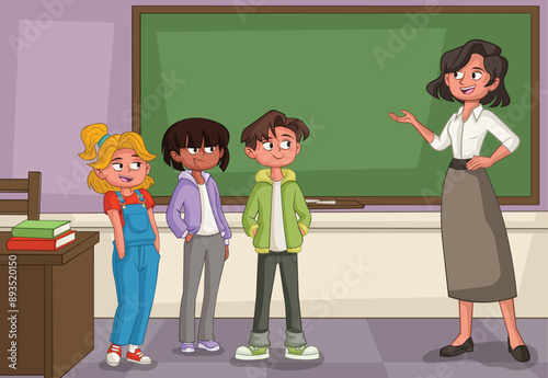 Cartoon students in classroom with teacher. Teenagers in school