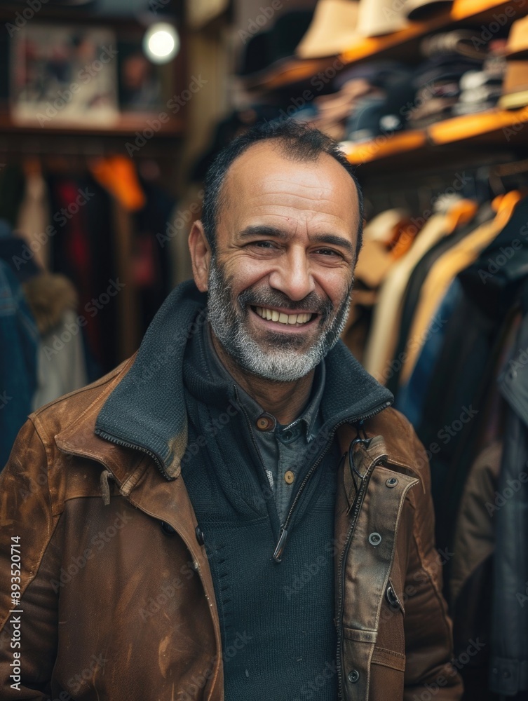 A person smiling while shopping in a clothing store