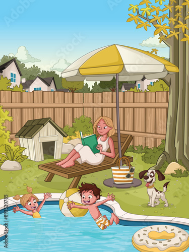 Cartoon family around backyard pool. Children jumping into a swimming pool. 