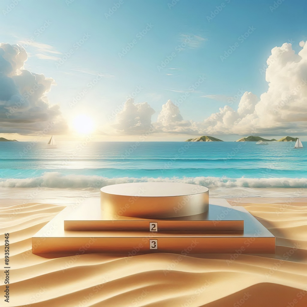 Obraz premium Beach podium summer background sand product 3D sea display platform. Beach podium summer banner stand scene sale sky holiday vacation stage water island sun travel pedestal promotion presentation ad