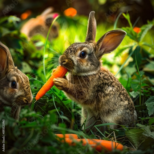 Two rabbits eating carrots in the grass. photo