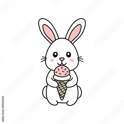 Simple illustration of cute rabbit eating an ice cream cone with sprinkles