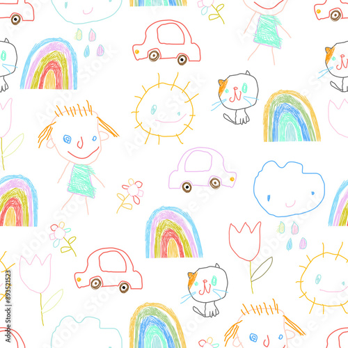 Vector Seamless Pattern with Children's Drawings on White Background