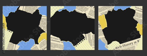 Square banner with torn piece paper newspaper in collage style. Border wallpaper background. Torned craft notebook shapes
