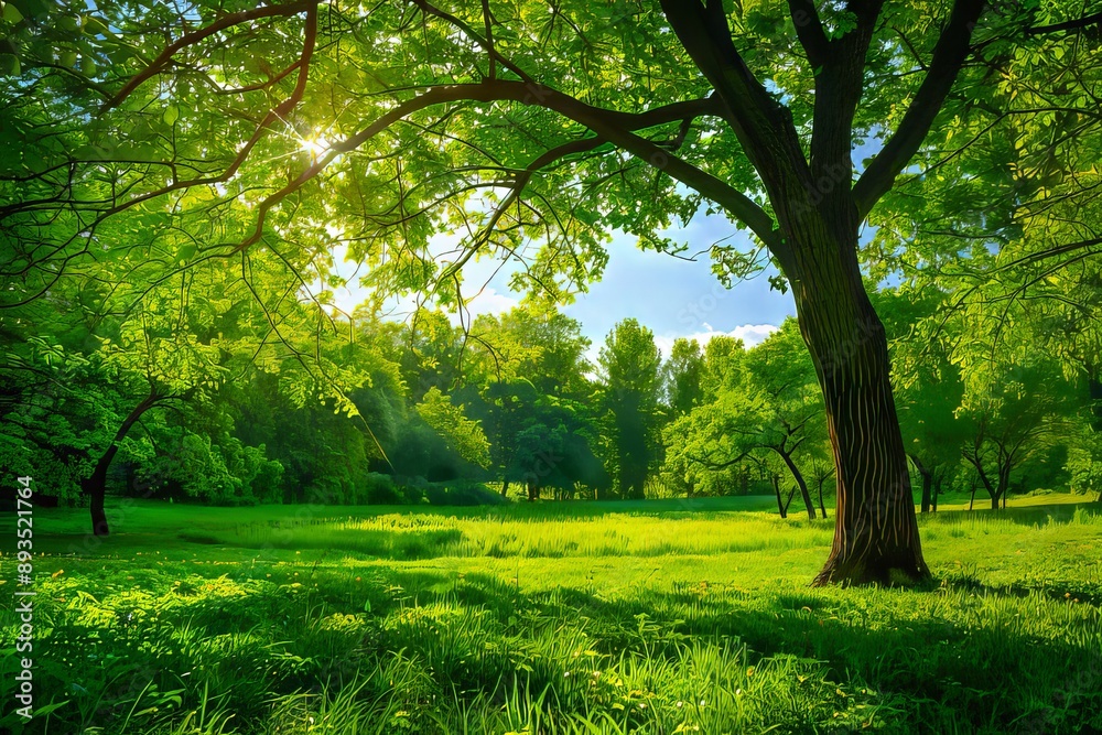 A green field with trees and sun shining. A green field with trees and sun shining.
