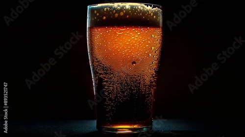 A glass of beer with a dark background.