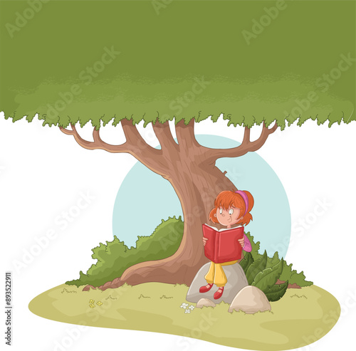 Cartoon girl reading books in front of a big tree. Student reading on nature ...