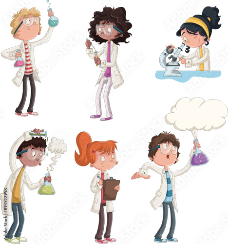Cartoon students doing research with chemical fluid in the laboratory. 

