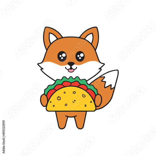 Simple illustration of cute fox holding a taco with lettuce and cheese