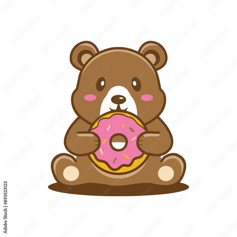 Obraz premium Simple illustration of cute bear eating a doughnut with icing and sprinkles