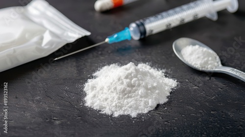 Close-up of white powder cocaine with a syringe, spoon, and plastic bag on a dark surface, representing drug use.