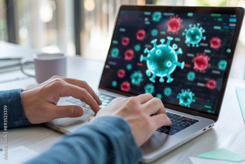 Close-up of hands typing on a laptop keyboard displaying a digital graphic of viruses on the screen. Close-up of hands typing on a laptop keyboard displaying a digital graphic of viruses on the screen.