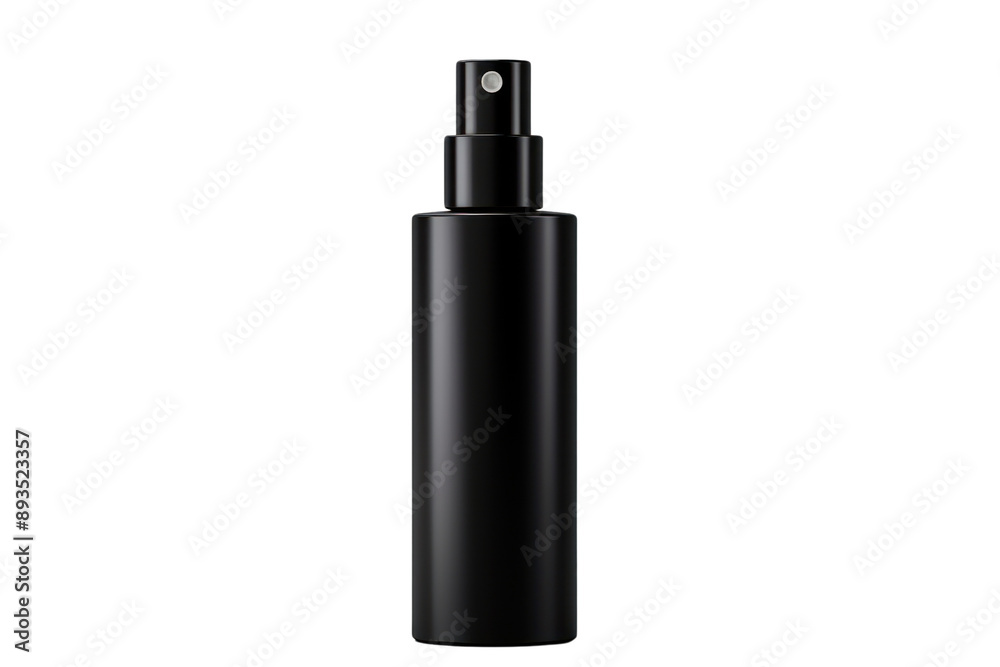 sleek, black perfume bottle with a minimalist label and a silver atomizer. Isolated on white background