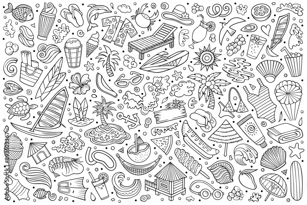 Vector doodle cartoon set of Summer beach theme objects and symbols Vector doodle cartoon set of Summer beach theme objects and symbols