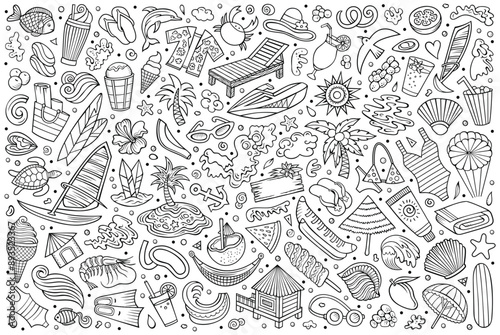 Vector doodle cartoon set of Summer beach theme objects and symbols