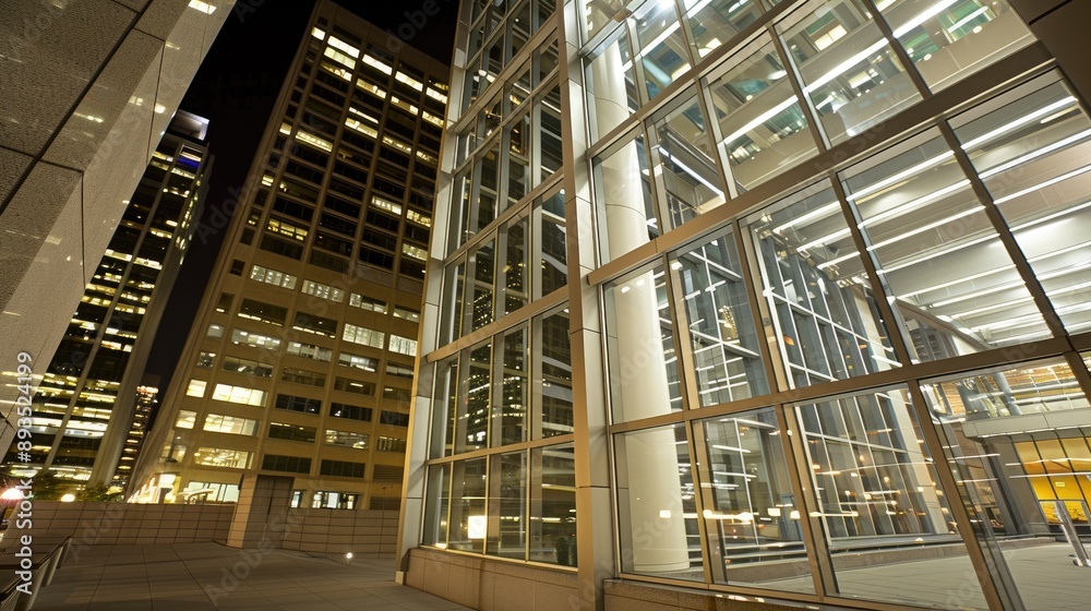 A low angle view of six modern skyscrapers, with glass facades, reaching toward a cloudless blue sky A low angle view of six modern skyscrapers, with glass facades, reaching toward a cloudless blue sky