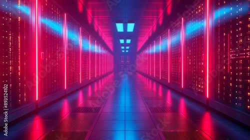 Futuristic data center with neon lights and servers