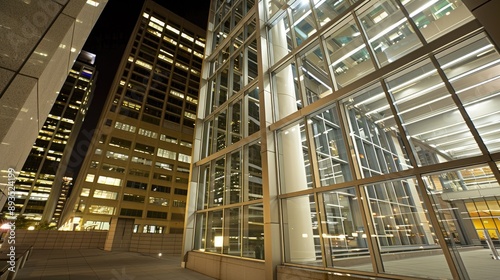 A low angle view of six modern skyscrapers, with glass facades, reaching toward a cloudless blue sky