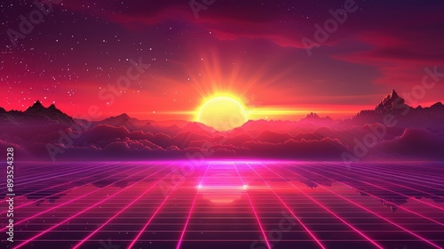 Retro Sunset over Mountains with Gridded Reflection