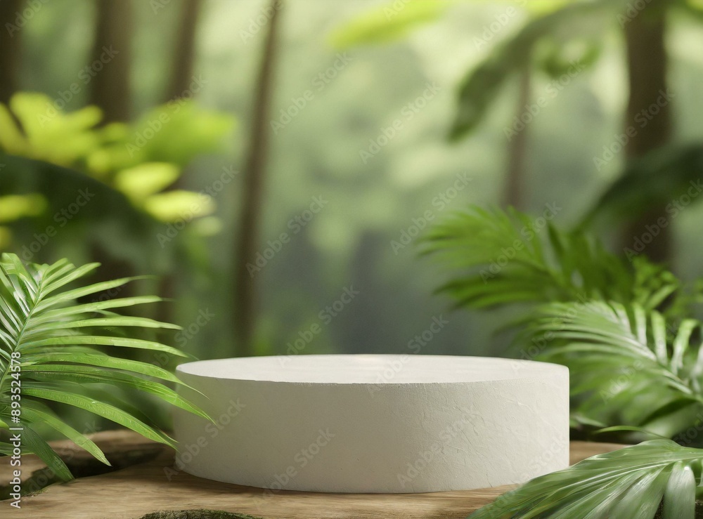 Podium background product green nature 3D forest stand white plant. Cosmetic production background. Podium background product green nature 3D forest stand white plant. Cosmetic production background.