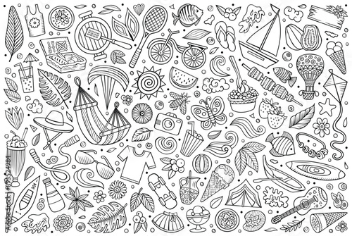 Vector doodle cartoon set of Summer theme objects and symbols