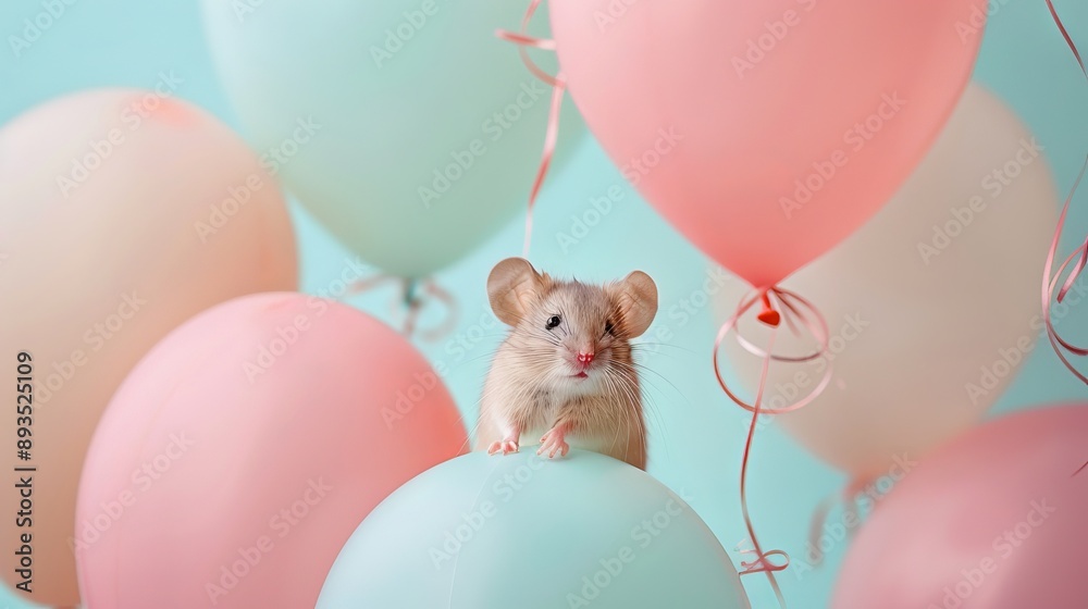 Naklejka premium Cute mouse with pastel balloons