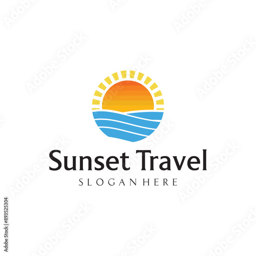 Sunset travel logo design ideas for company or vacation or illustration