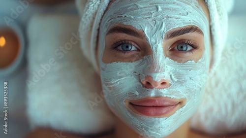 A Moment of Tranquility: A Woman Relaxes With a Cooling Facial Mask in a Luxurious Spa Setting. Generative AI