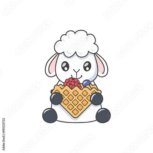 Simple illustration of cute sheep eating a waffle with berries