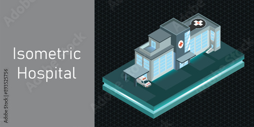 isometric hospital 3 illustration, vector perspective grid, night time, building