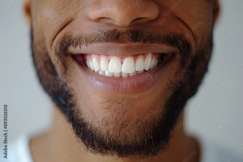 Fototapeta premium Man's shining smile close-up, white healthy teeth. Dentistry charm portrait