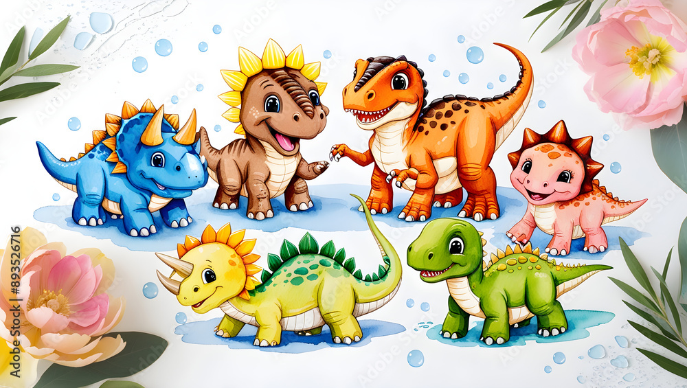 Naklejka premium Vibrant watercolor illustration of six adorable baby dinosaurs, each with unique skin patterns and textures, playing together in a joyful scene on a crisp white background, generative ai