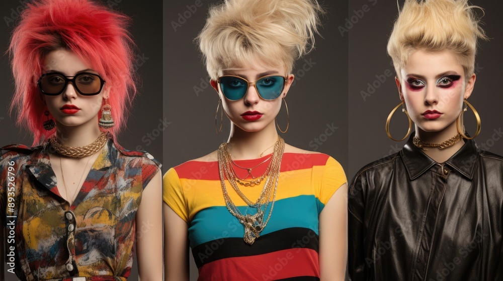 Obraz premium 1980s 1990s style. Punk fashion as a reaction to the hippie movement of past decades and against materialistic values of current decade. Retro, pop, hipster, neon, colorful, nineteenth.