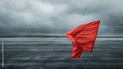 The image shows a red flag fluttering strongly against a dramatic, stormy background with gray clouds, symbolizing caution, alertness, and unending battles against nature.