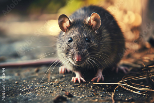 Close-up of a rat outdoors on a blurred background. Wildlife photography.