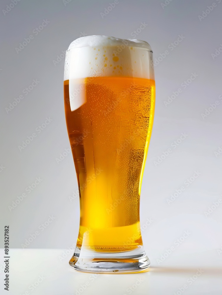 A glass of beer on a white surface.
