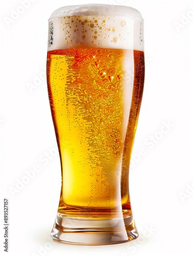 A glass of beer with foam on a white background. photo