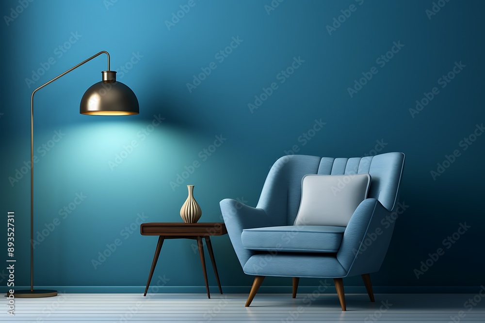 Fototapeta premium Blue living room with blue armchair and lamp 3d rendering
