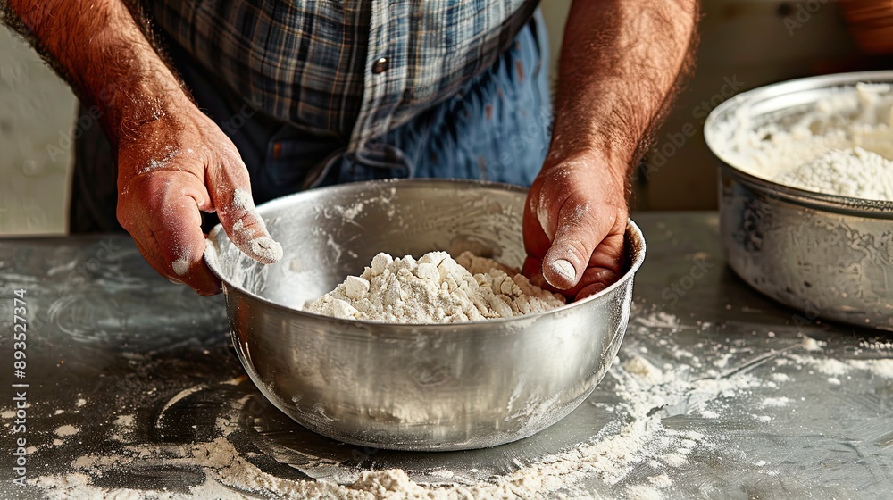Fototapeta premium A baker's hands mix flour in a bowl. This image is ideal for baking, food, and culinary websites.