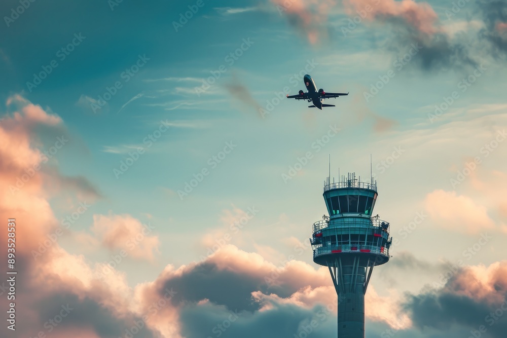 Commercial Airplane in Flight Above Control Tower Commercial Airplane in Flight Above Control Tower