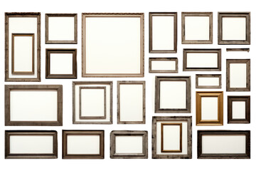 set of multiple picture frames in various sizes and styles, arranged in a gallery wall layout, isolated on a white background