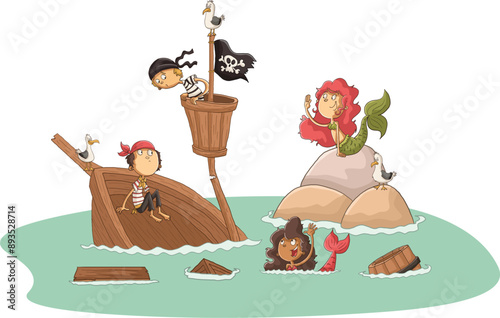 Cartoon pirate ship wrecked. Castaway pirates and mermaids.