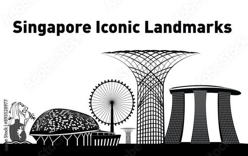 Capture Singapore's architectural beauty with this vector skyline of iconic structures. Ideal for travel brochures, promotional materials, digital art, and city-themed designs
