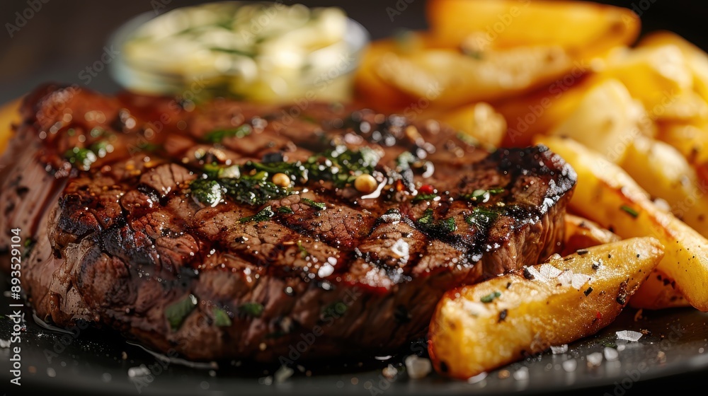 A tantalizing close-up image of a perfectly grilled steak seasoned with herbs, accompanied by crispy golden fries and a herb garnish, served on a black plate. A tantalizing close-up image of a perfectly grilled steak seasoned with herbs, accompanied by crispy golden fries and a herb garnish, served on a black plate.