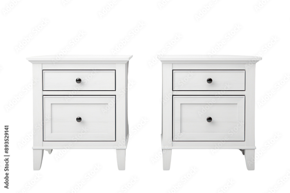 set of elegant white nightstands with clean lines and ample storage space, isolated on white background